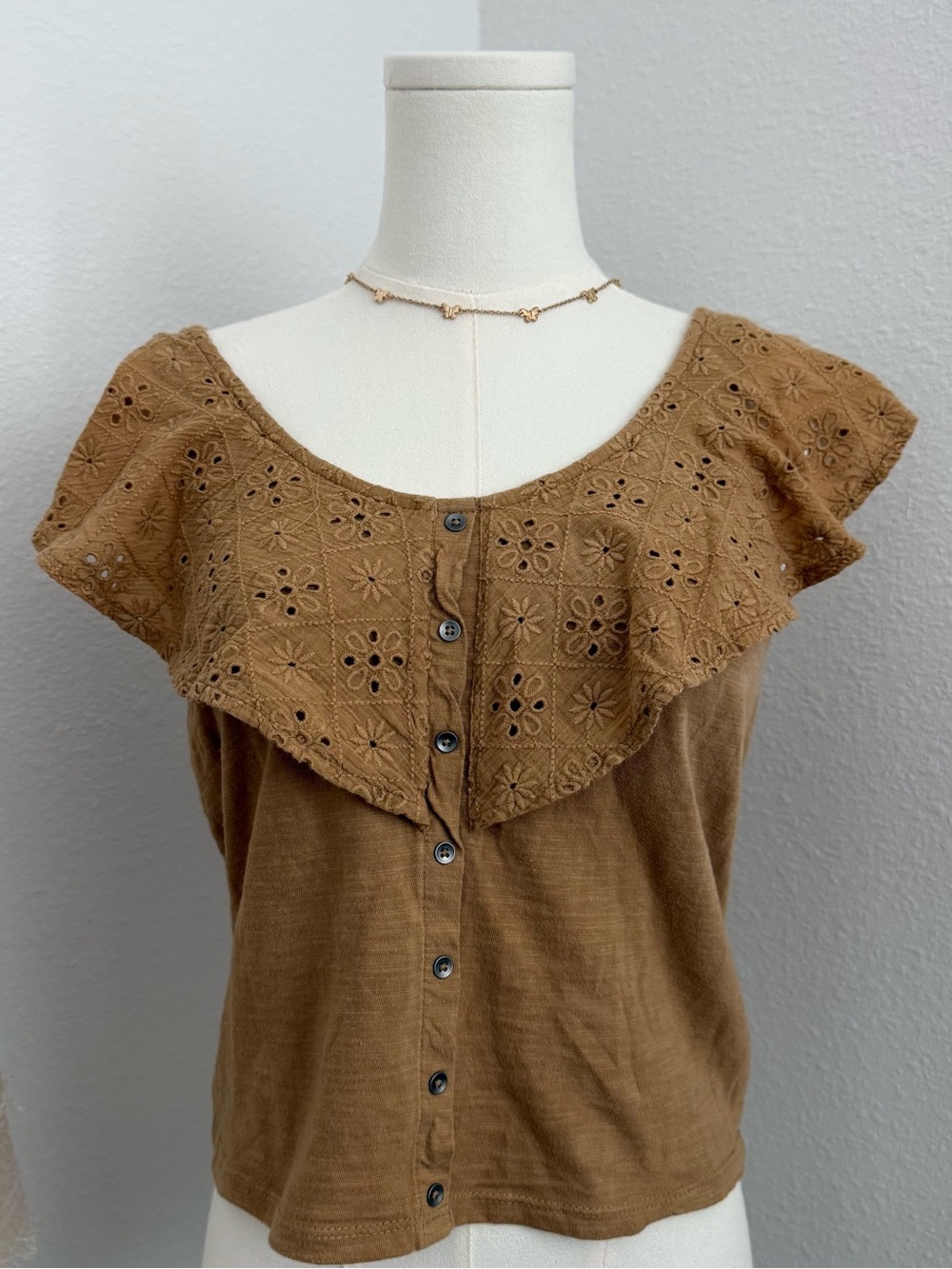 American Eagle Outfitters Brown Eyelet Ruffle Button-Front Top